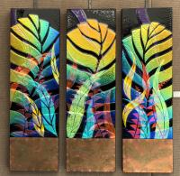 FRONDS SERIES 
Kiln-fired glass with oxidized copper trim
39x12x2 each panel 
$2700 each panel
$7200 set of 3