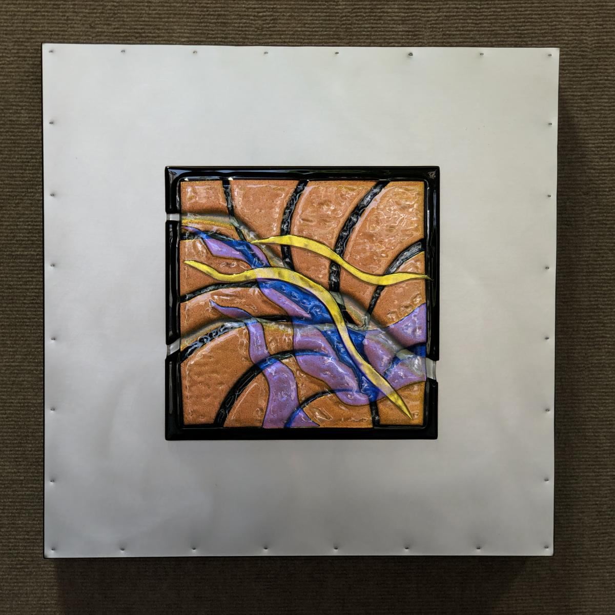 BALI SUNSET
Kiln-fired glass on brushed aluminum
18x18x2
$725 : Available Work : art & architectural glass for residential & commercial installations,purchase & commission